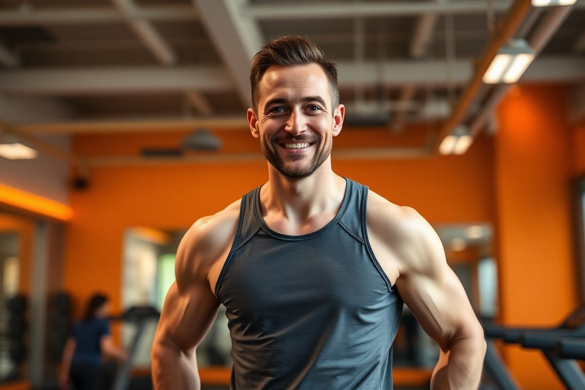 Man van middelbare leeftijd traint met energie in de sportschool